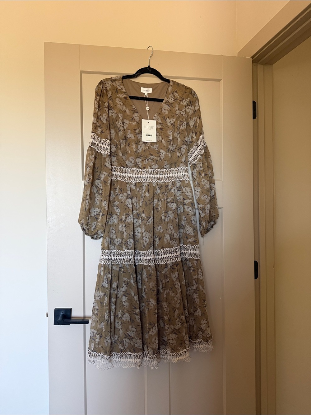 Bohme Floral Lace-Trim Midi Dress in Olive